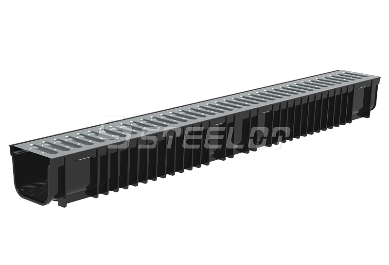 Пластиковый водоотводный лоток SteePlain DN100 H100 со стальной оцинкованной решеткой кл. А15 Стилот P1010S